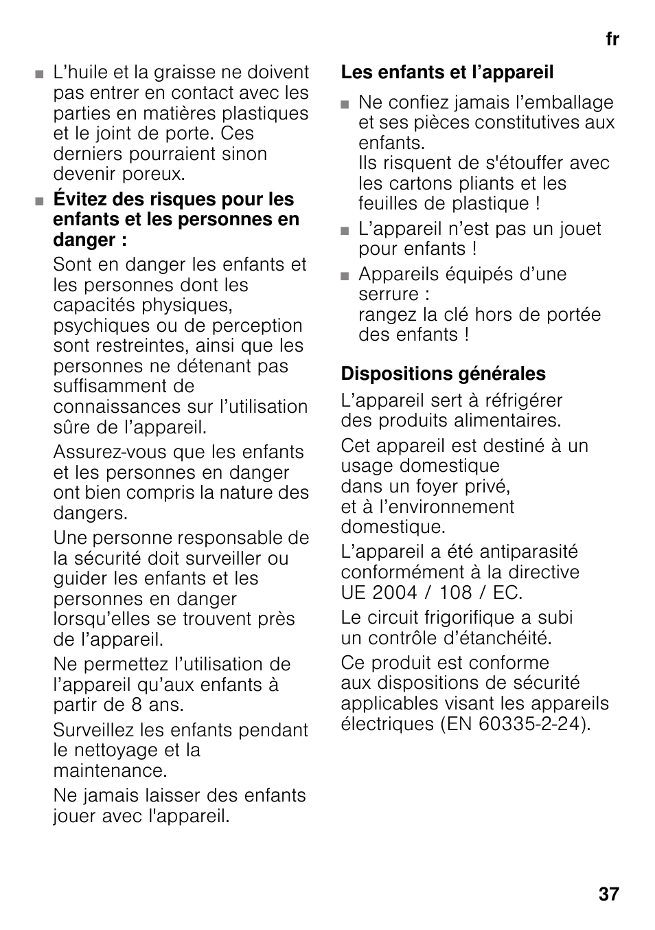 Les enfants et l’appareil, Dispositions générales | Siemens KI41FAD30 User Manual | Page 37 / 87