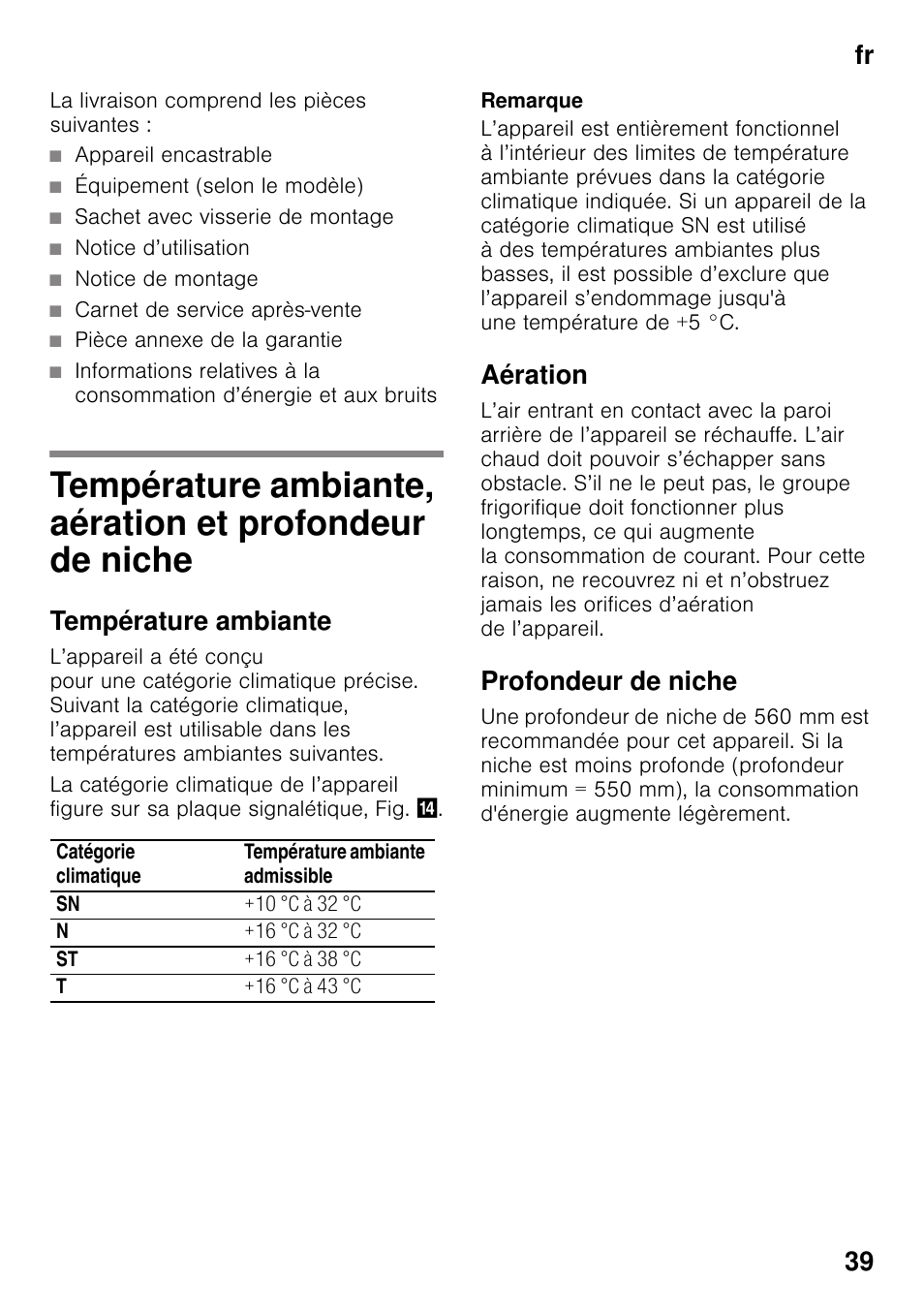 Température ambiante, Aération, Profondeur de niche | Et profondeur de niche, Fr 39 | Siemens KI41FAD30 User Manual | Page 39 / 87