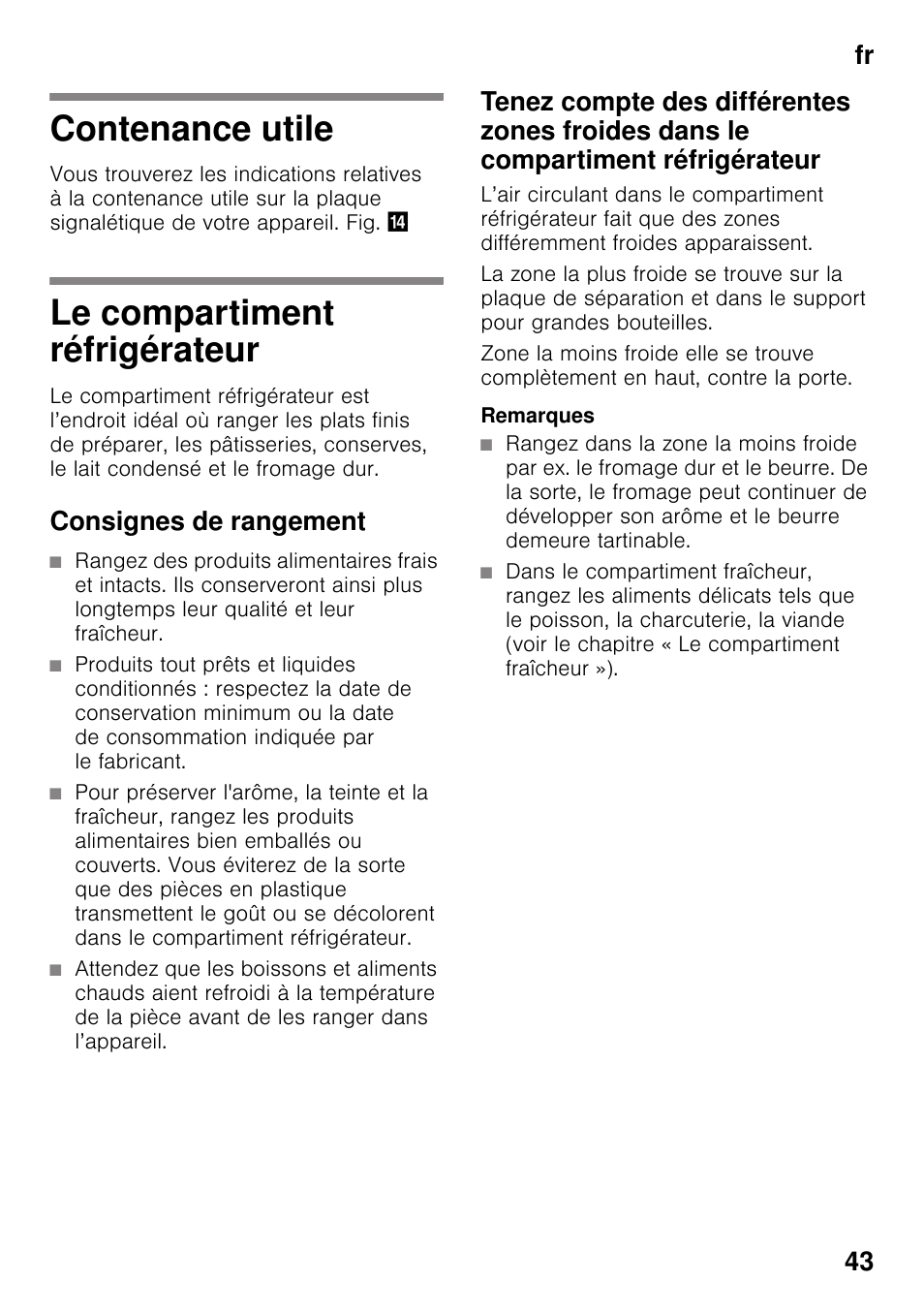 Contenance utile, Le compartiment réfrigérateur, Consignes de rangement | Contenance utile le compartiment réfrigérateur, Fr 43 | Siemens KI41FAD30 User Manual | Page 43 / 87