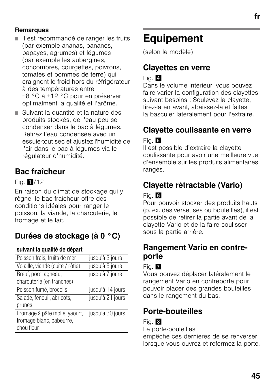 Bac fraîcheur, Durées de stockage (à 0 °c), Equipement | Clayettes en verre, Clayette coulissante en verre, Clayette rétractable (vario), Rangement vario en contre- porte, Porte-bouteilles, Fr 45 | Siemens KI41FAD30 User Manual | Page 45 / 87