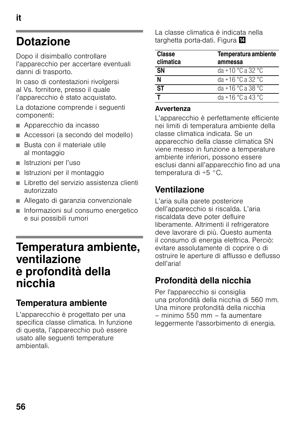 Dotazione, Temperatura ambiente, Ventilazione | Profondità della nicchia, E profondità della nicchia, It 56 | Siemens KI41FAD30 User Manual | Page 56 / 87