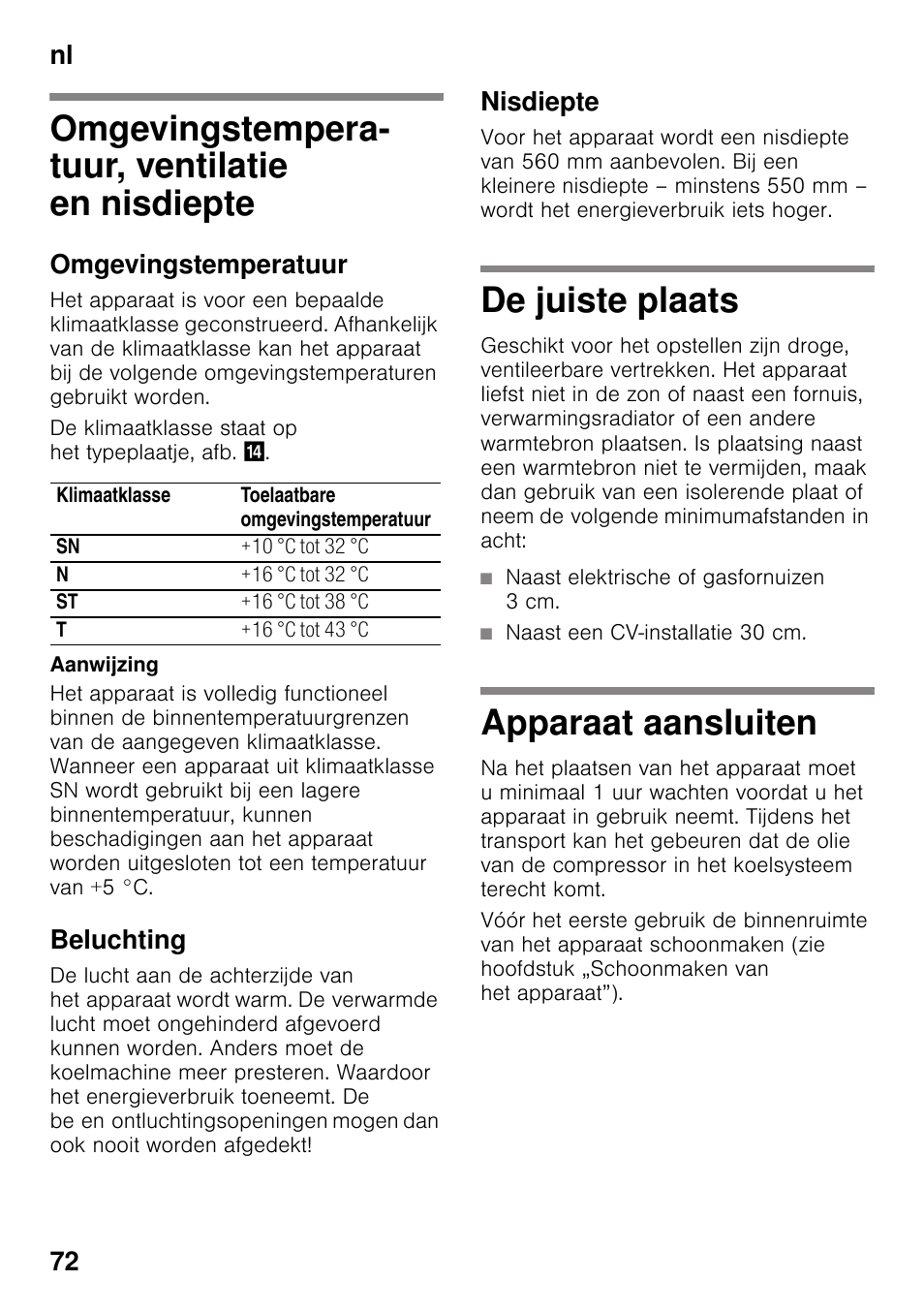 Omgevingstempera- tuur, ventilatie en nisdiepte, Omgevingstemperatuur, Beluchting | Nisdiepte, De juiste plaats, Apparaat aansluiten, En nisdiepte de juiste plaats apparaat aansluiten, Nl 72 | Siemens KI41FAD30 User Manual | Page 72 / 87