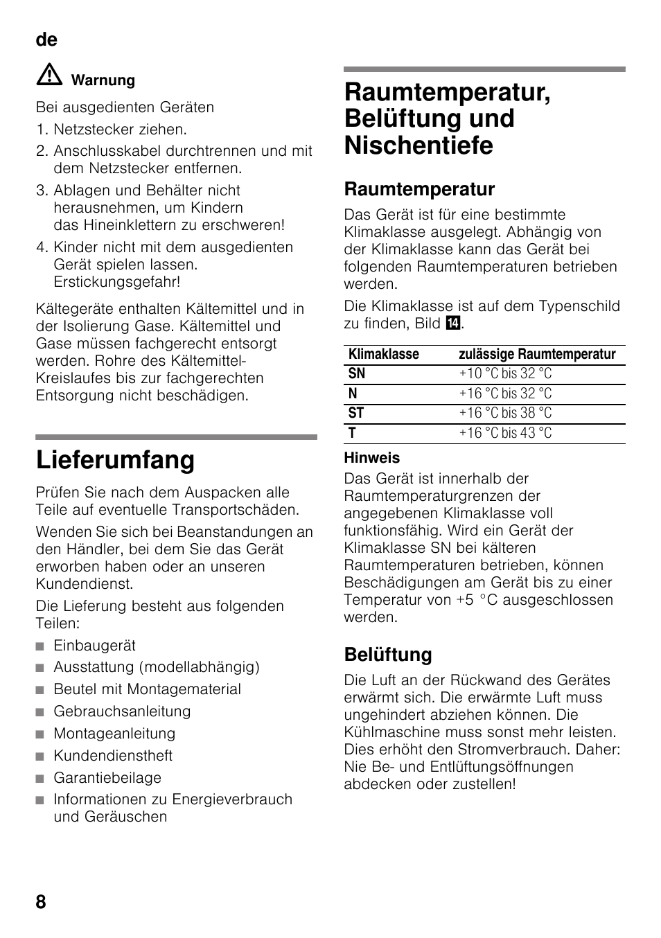 Lieferumfang, Raumtemperatur, belüftung und nischentiefe, Raumtemperatur | Belüftung, Nischentiefe, De 8 | Siemens KI41FAD30 User Manual | Page 8 / 87