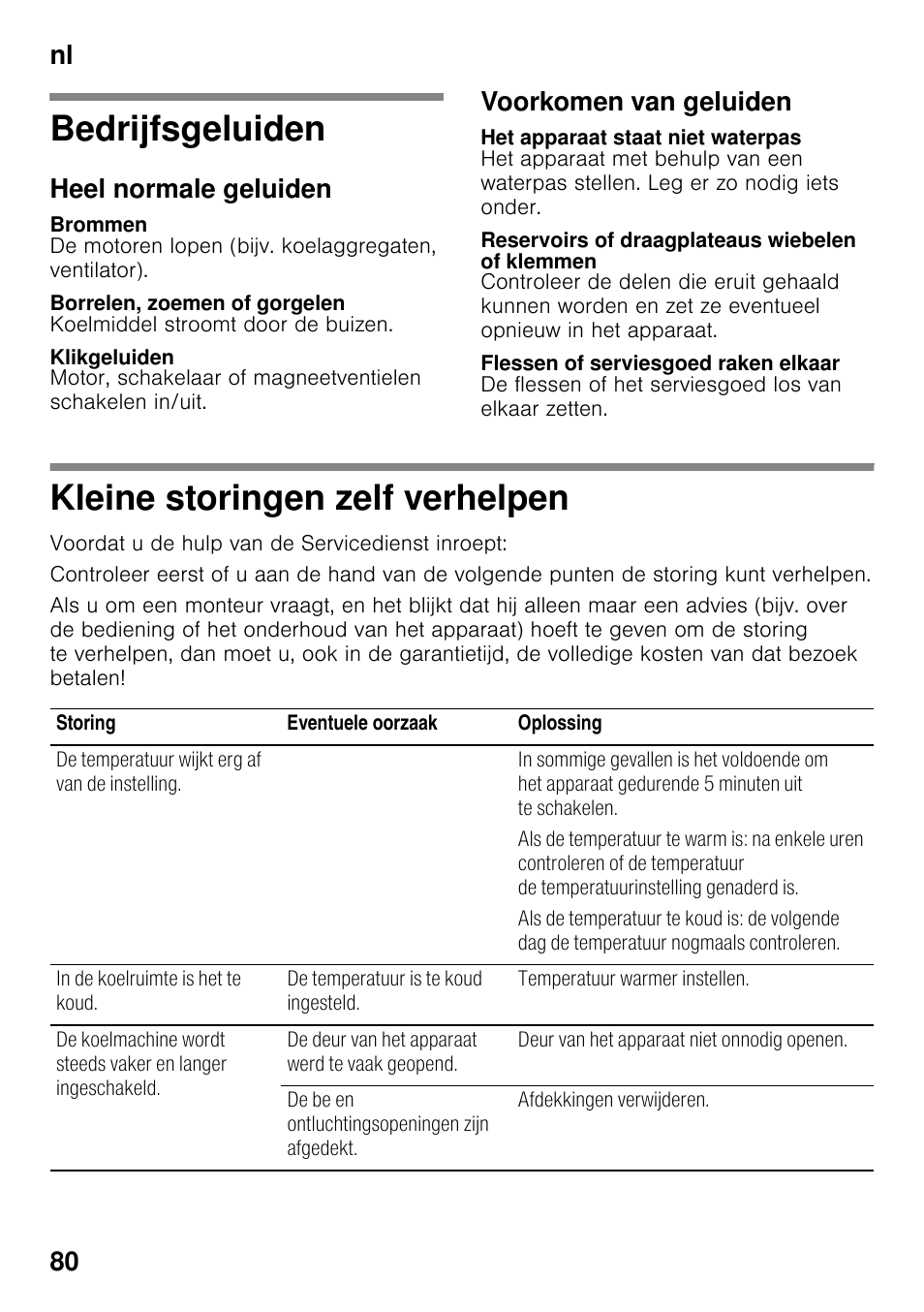 Bedrijfsgeluiden, Heel normale geluiden, Brommen | Borrelen, zoemen of gorgelen, Klikgeluiden, Voorkomen van geluiden, Het apparaat staat niet waterpas, Reservoirs of draagplateaus wiebelen of klemmen, Flessen of serviesgoed raken elkaar, Kleine storingen zelf verhelpen | Siemens KI41FAD30 User Manual | Page 80 / 87