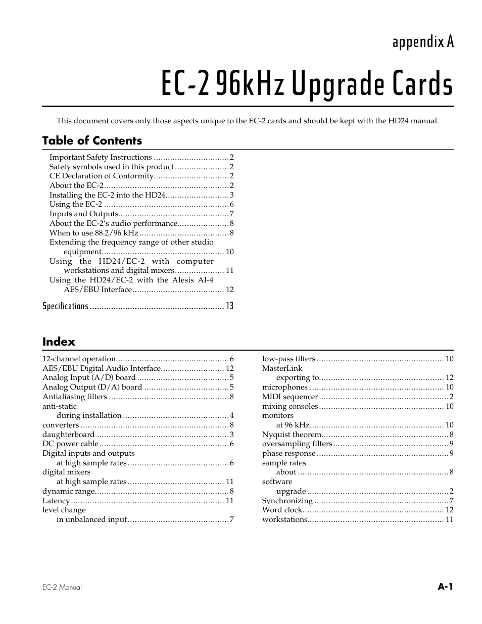Ec-2 96khz upgrade cards, Appendix a | ALESIS EC-2 User Manual | Page 3 / 15
