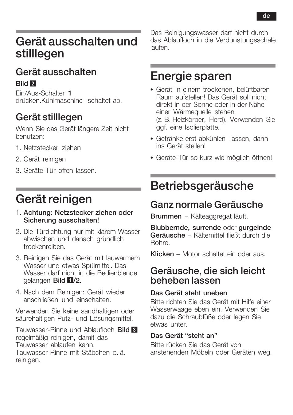 Gerät ausschalten und stilllegen, Gerät reinigen, Energie sparen | Betriebsgeräusche, Gerät ausschalten, Gerät stilllegen, Ganz normale geräusche, Geräusche, die sich leicht beheben lassen | Siemens KF18WA41IE User Manual | Page 11 / 101