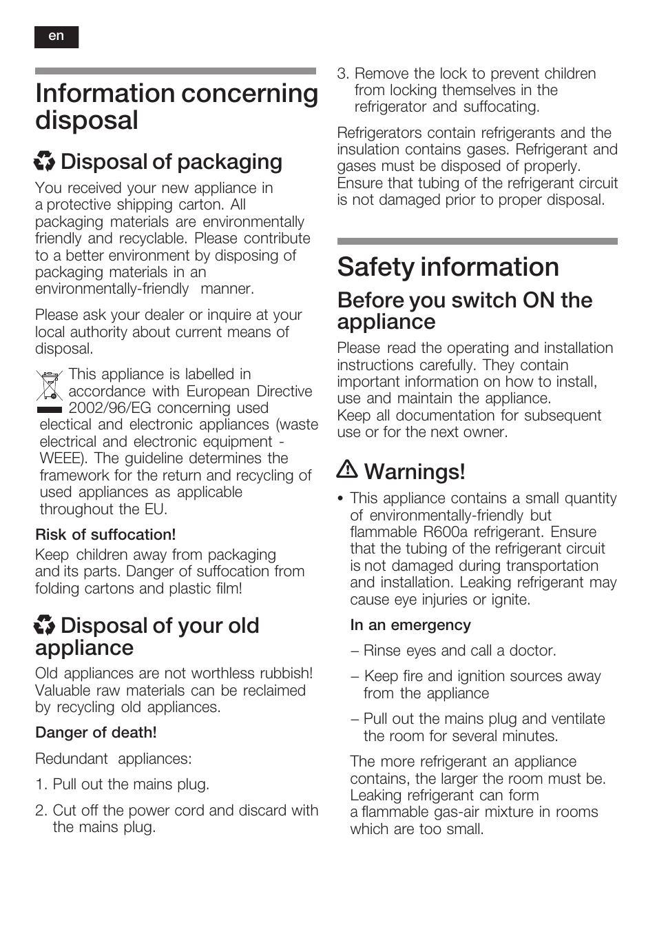 Information concerning disposal, Safety information, X disposal of packaging | X disposal of your old appliance, Before you switch on the appliance, Warnings | Siemens KF18WA41IE User Manual | Page 14 / 101