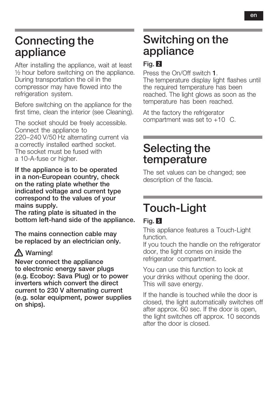 Connecting the appliance, Switching on the appliance, Selecting the temperature | Touchćlight | Siemens KF18WA41IE User Manual | Page 17 / 101