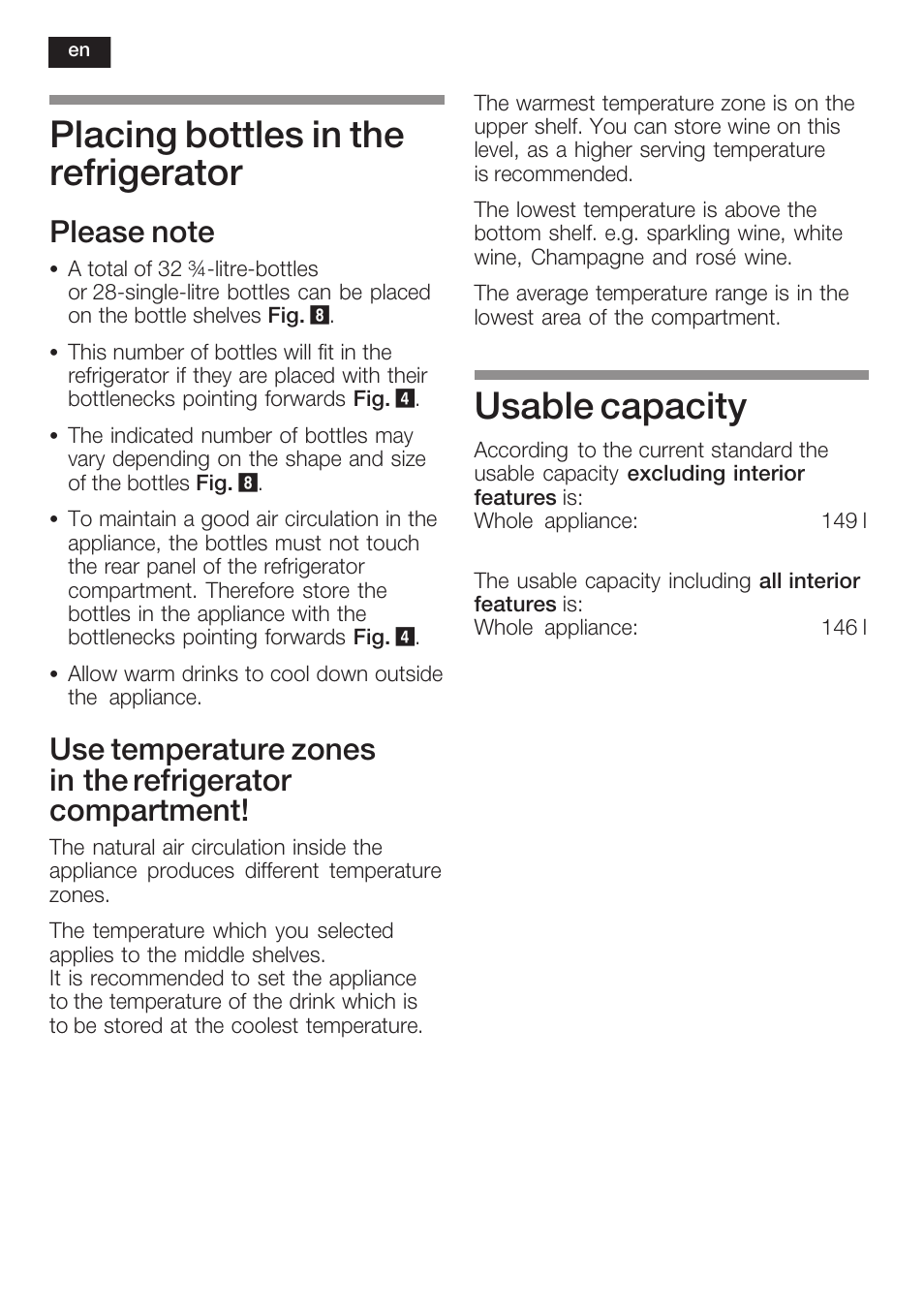 Placing bottles in the refrigerator, Usable capacity | Siemens KF18WA41IE User Manual | Page 18 / 101