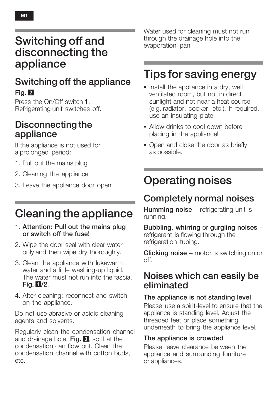 Switching off and disconnecting the appliance, Cleaning the appliance, Tips for saving energy | Operating noises, Switching off the appliance, Disconnecting the appliance, Completely normal noises, Noises which can easily be eliminated | Siemens KF18WA41IE User Manual | Page 20 / 101