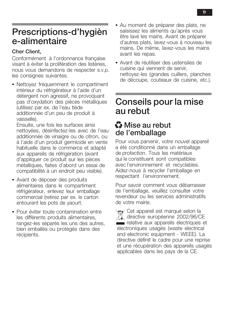 Prescriptionsćd'hygièn ećalimentaire, Conseils pour la mise au rebut, X mise au rebut de l'emballage | Siemens KF18WA41IE User Manual | Page 23 / 101