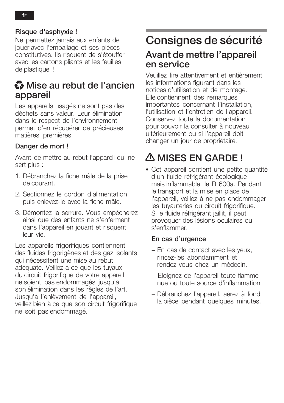 Consignes de sécurité, X mise au rebut de l'ancien appareil, Avant de mettre l'appareil en service | Mises en garde | Siemens KF18WA41IE User Manual | Page 24 / 101