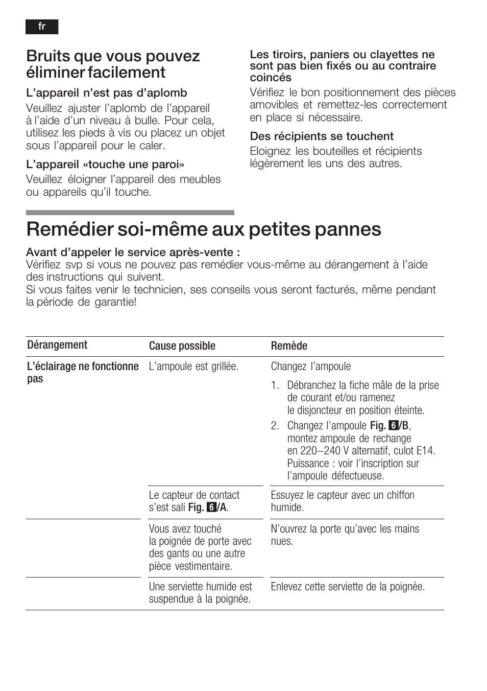 Remédier soićmême aux petites pannes, Bruits que vous pouvez éliminer facilement | Siemens KF18WA41IE User Manual | Page 32 / 101