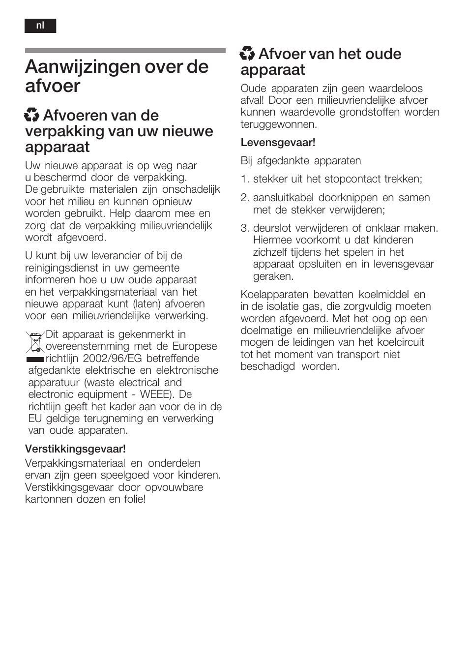 Aanwijzingen over de afvoer, X afvoer van het oude apparaat | Siemens KF18WA41IE User Manual | Page 44 / 101