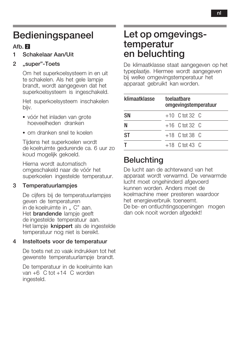 Bedieningspaneel, Let op omgevingsć temperatur en beluchting, Beluchting | Siemens KF18WA41IE User Manual | Page 47 / 101