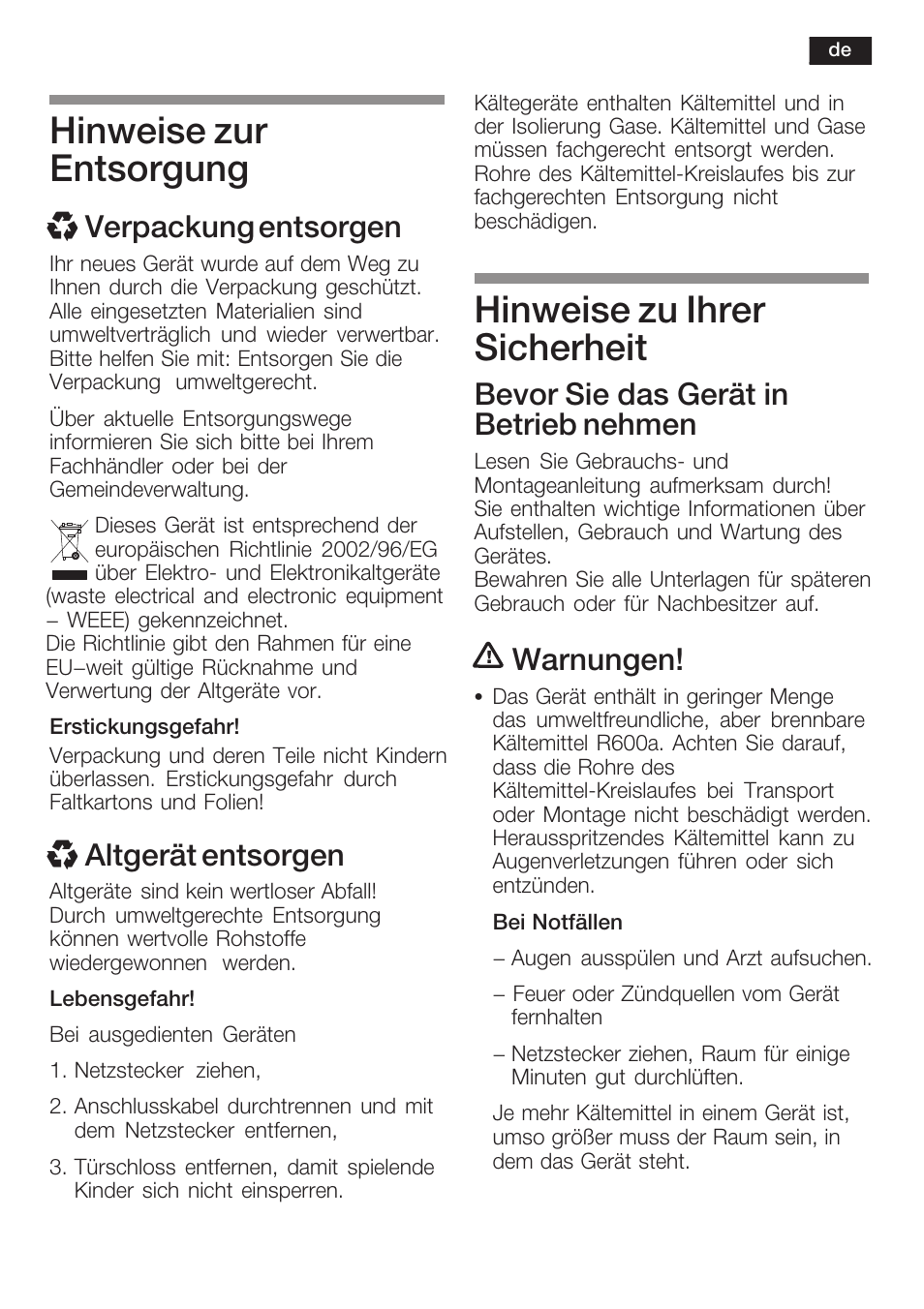 Hinweise zur entsorgung, Hinweise zu ihrer sicherheit, X verpackung entsorgen | Xaltgerät entsorgen, Bevor sie das gerät in betrieb nehmen, Warnungen | Siemens KF18WA41IE User Manual | Page 5 / 101