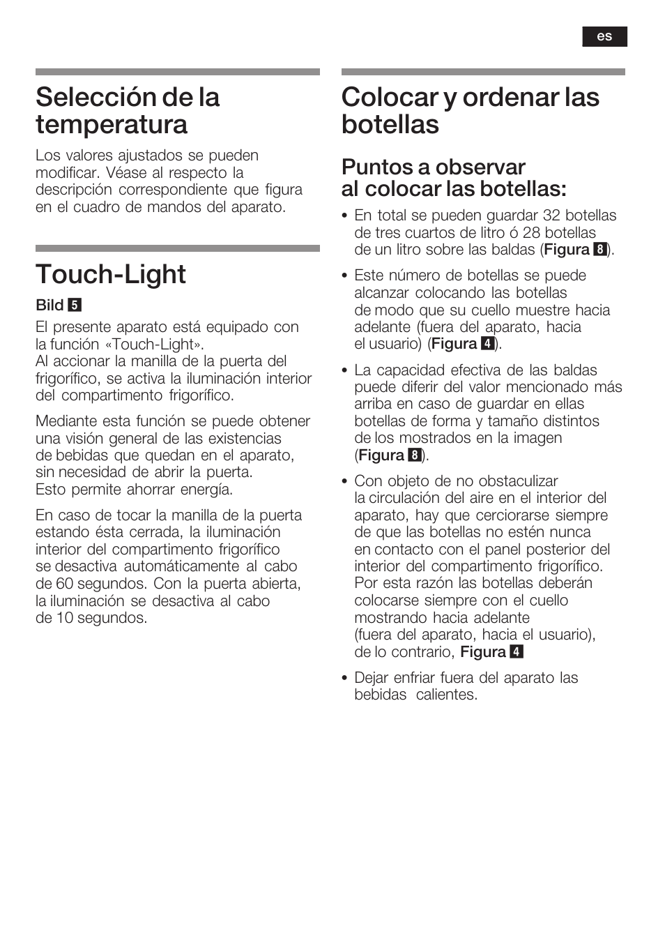 Selección de la temperatura, Touchćlight, Colocar y ordenar las botellas | Puntos a observar al colocar las botellas | Siemens KF18WA41IE User Manual | Page 59 / 101