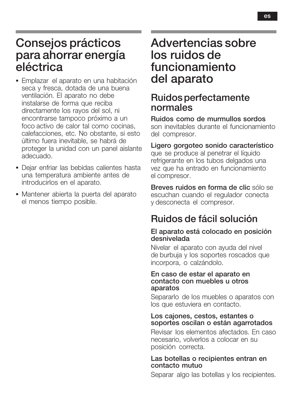 Consejos prácticos para ahorrar energía eléctrica, Ruidos perfectamente normales, Ruidos de fácil solución | Siemens KF18WA41IE User Manual | Page 63 / 101