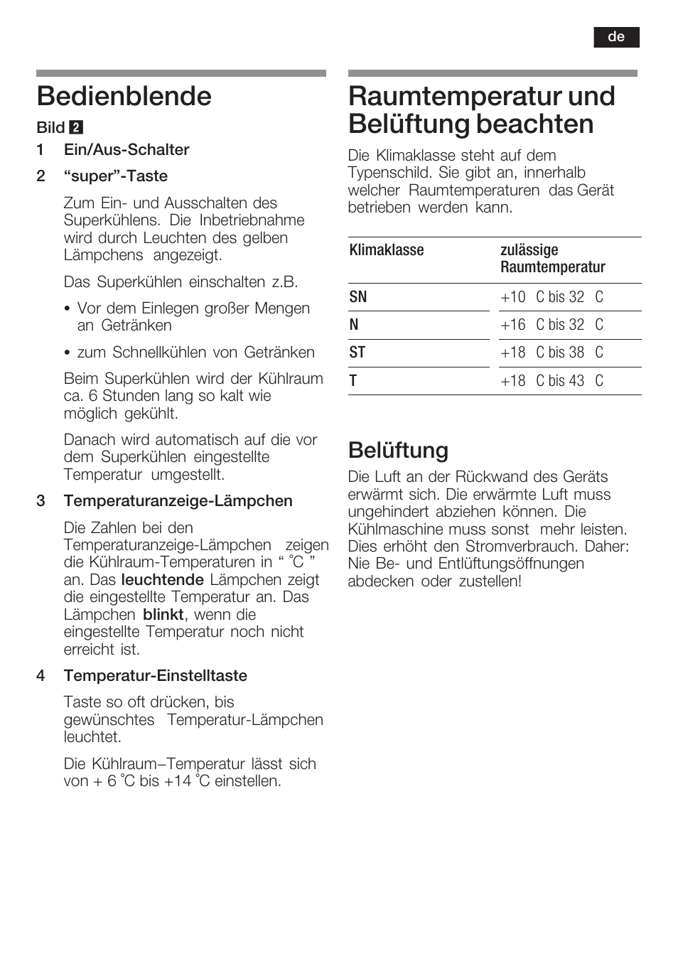 Bedienblende, Raumtemperatur und belüftung beachten, Belüftung | Siemens KF18WA41IE User Manual | Page 7 / 101