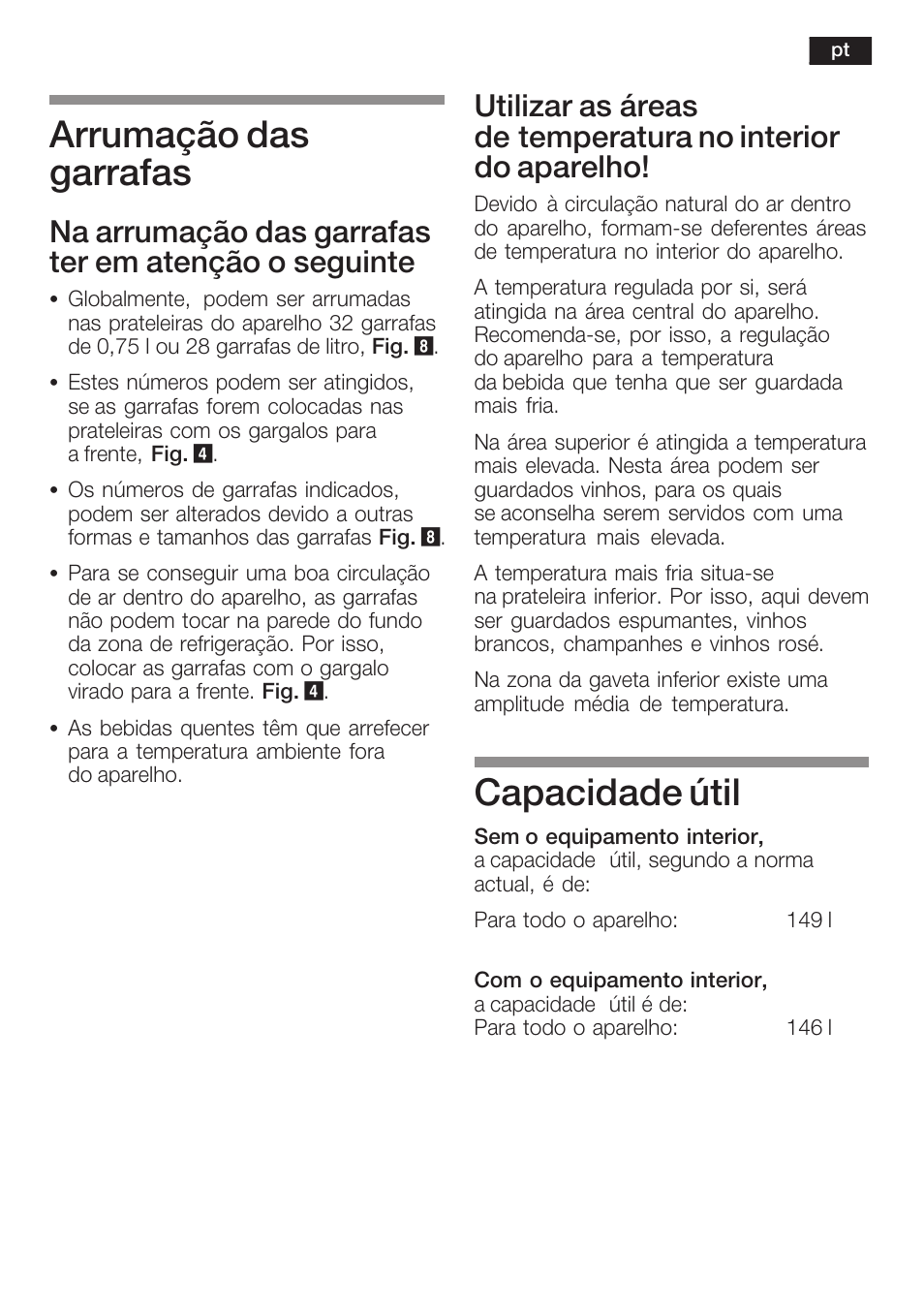 Arrumação das garrafas, Capacidade útil | Siemens KF18WA41IE User Manual | Page 71 / 101