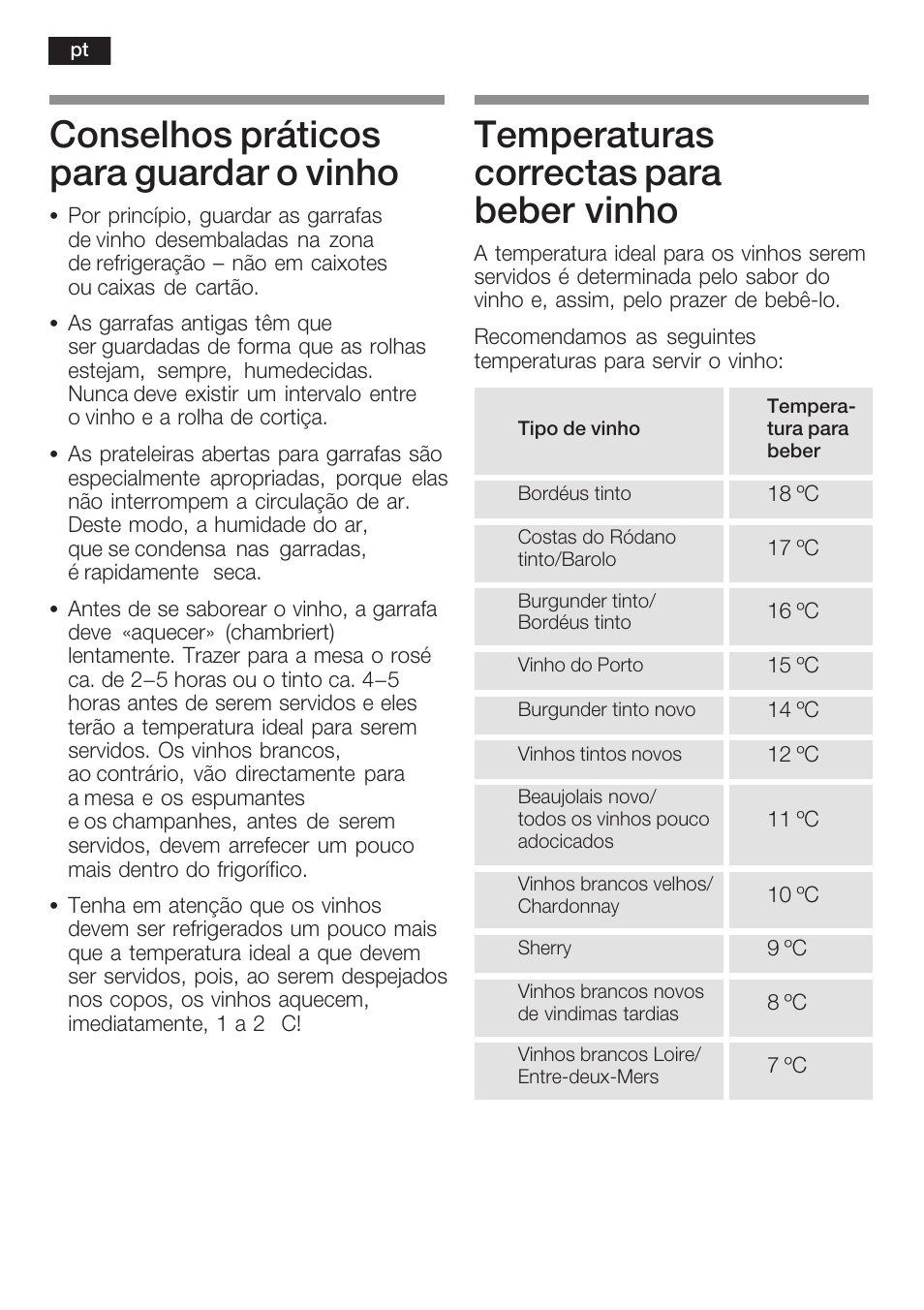 Conselhos práticos para guardar o vinho, Temperaturas correctas para beberăvinho | Siemens KF18WA41IE User Manual | Page 72 / 101