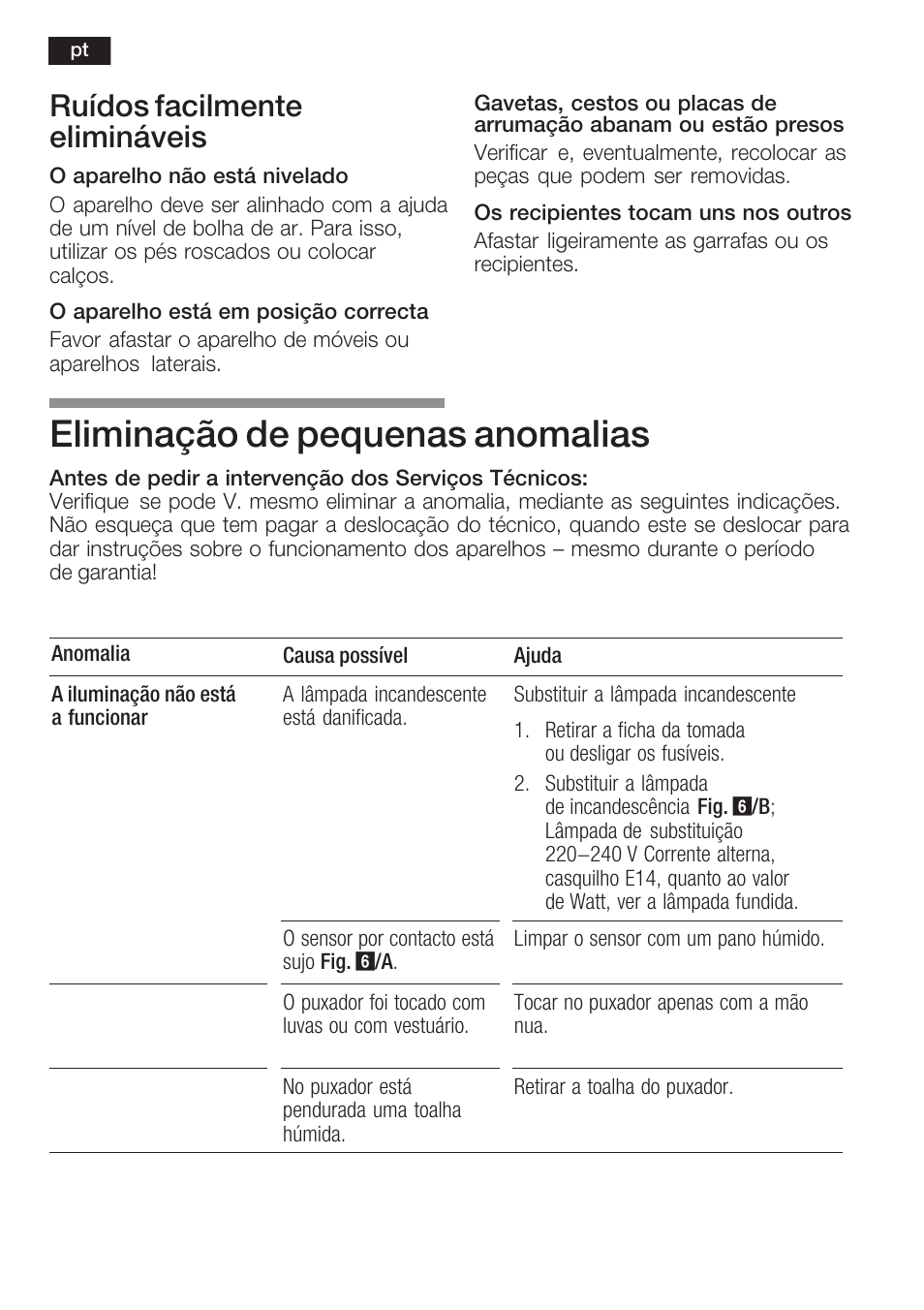 Eliminação de pequenas anomalias, Ruídos facilmente elimináveis | Siemens KF18WA41IE User Manual | Page 74 / 101