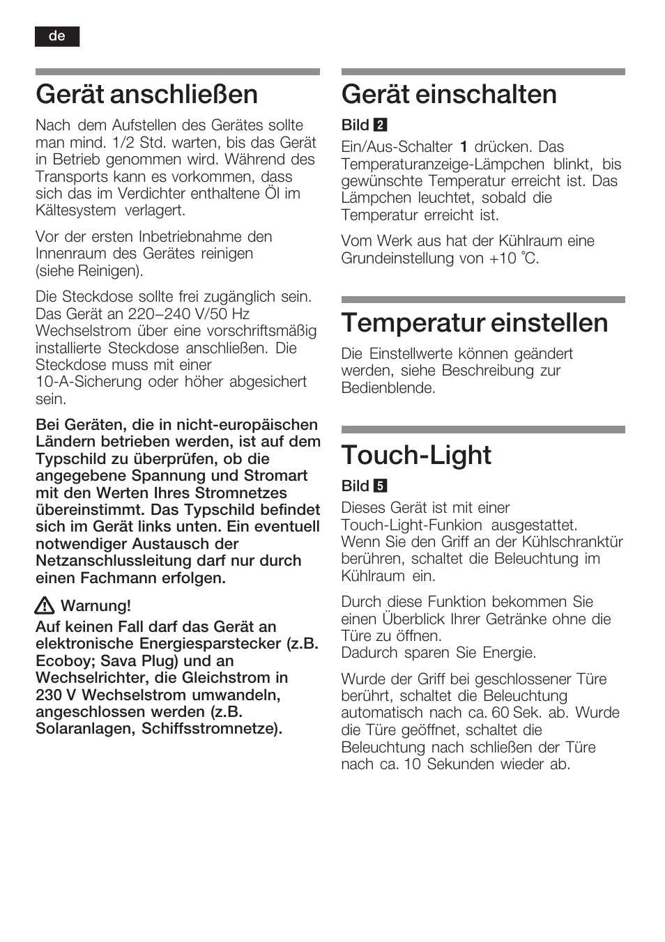 Gerät anschließen, Gerät einschalten, Temperatur einstellen | Touchćlight | Siemens KF18WA41IE User Manual | Page 8 / 101