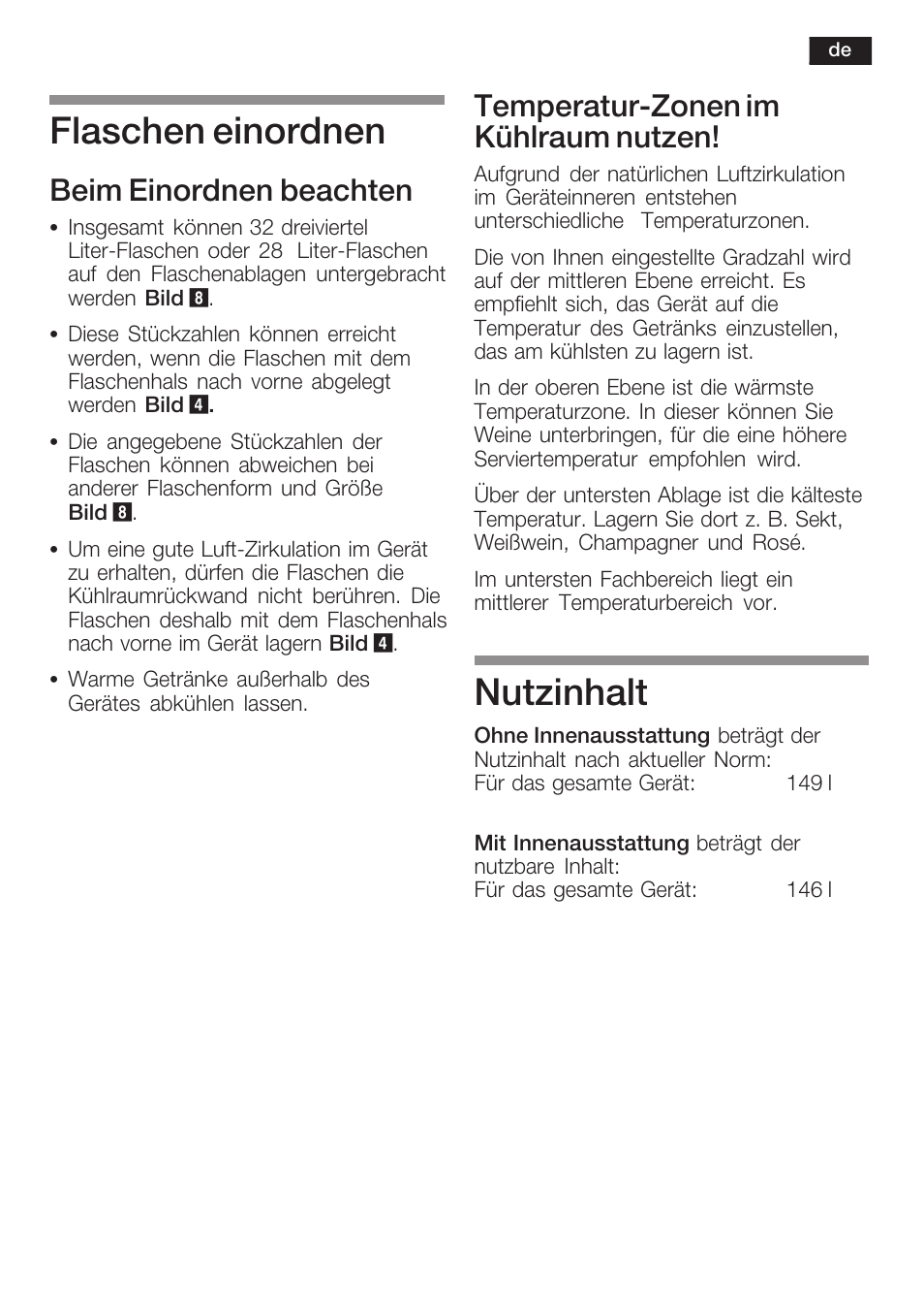 Flaschen einordnen, Nutzinhalt, Beim einordnen beachten | Temperaturćzonen im kühlraum nutzen | Siemens KF18WA41IE User Manual | Page 9 / 101