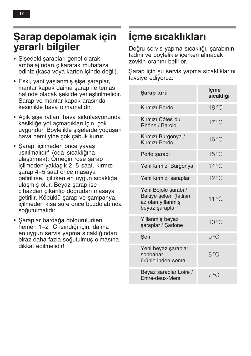 Åarap depolamak için yararl bilgiler, Çme scaklklar | Siemens KF18WA41IE User Manual | Page 94 / 101