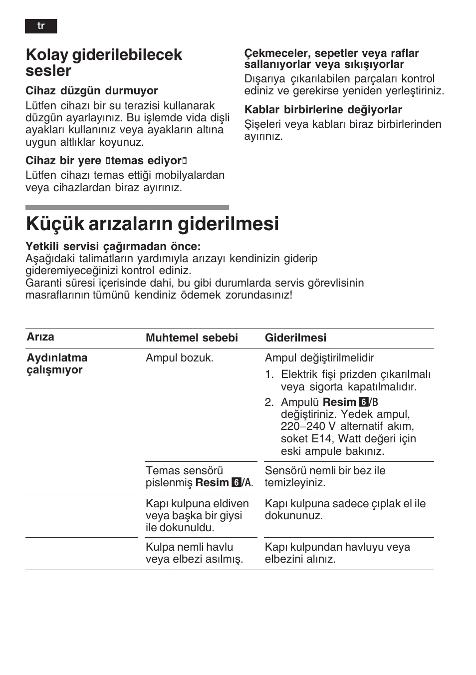 Küçük arzalarn giderilmesi, Kolay giderilebilecek sesler | Siemens KF18WA41IE User Manual | Page 96 / 101