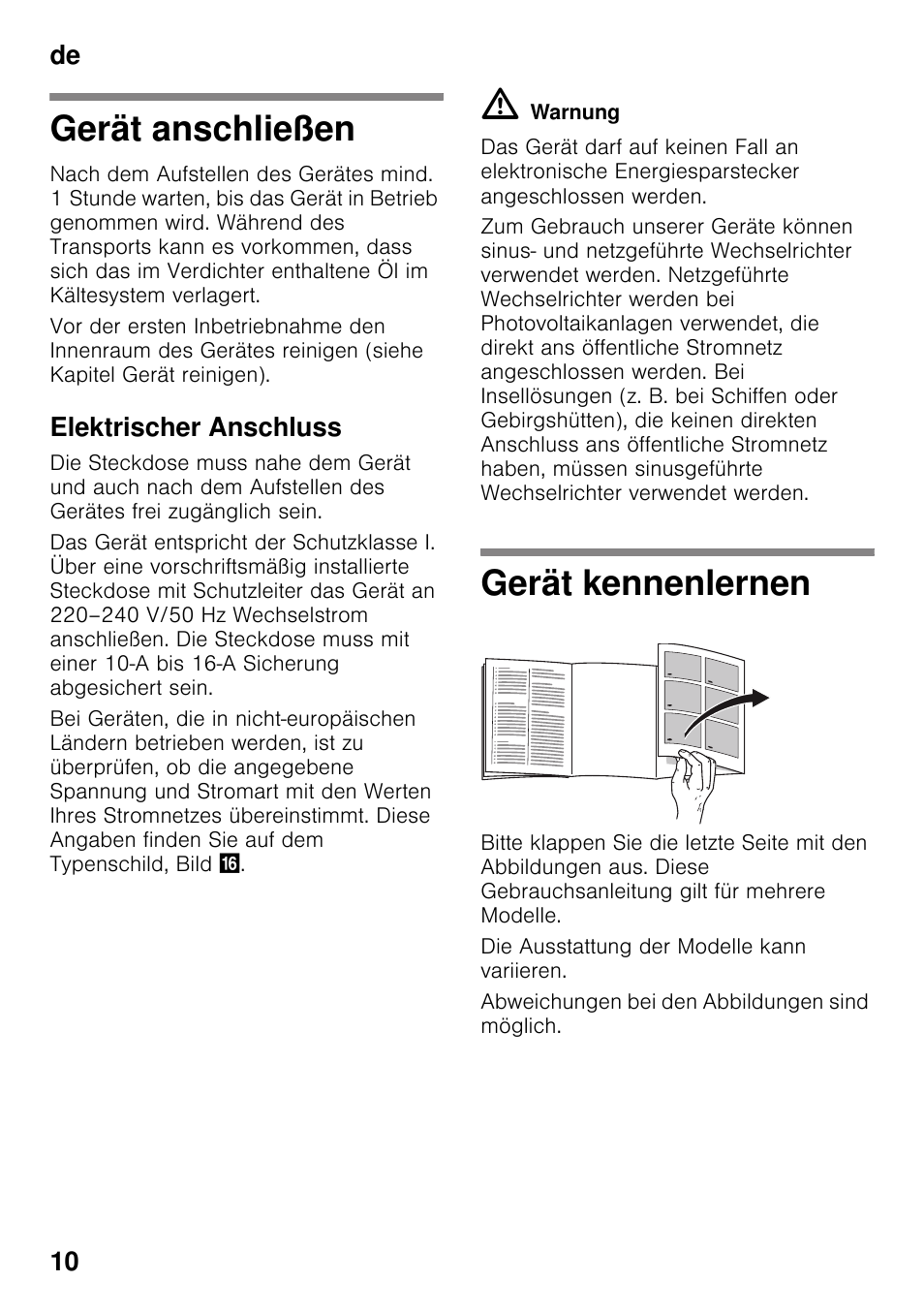 Gerät anschließen, Elektrischer anschluss, Gerät kennenlernen | Gerät anschließen gerät kennenlernen, De 10 | Siemens KI42FAD30 User Manual | Page 10 / 104