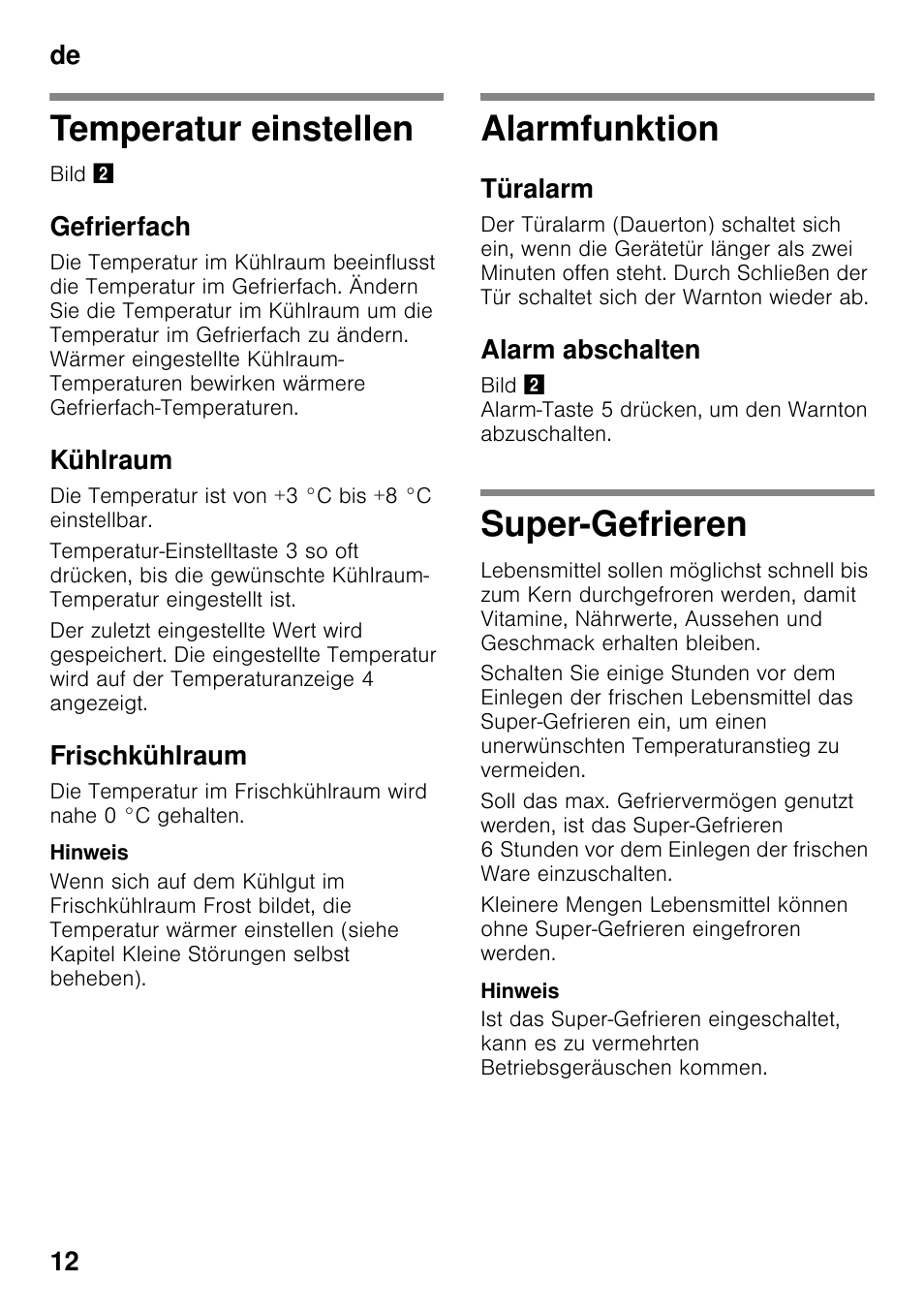 Temperatur einstellen, Gefrierfach, Kühlraum | Frischkühlraum, Alarmfunktion, Türalarm, Alarm abschalten, Super-gefrieren, De 12 | Siemens KI42FAD30 User Manual | Page 12 / 104