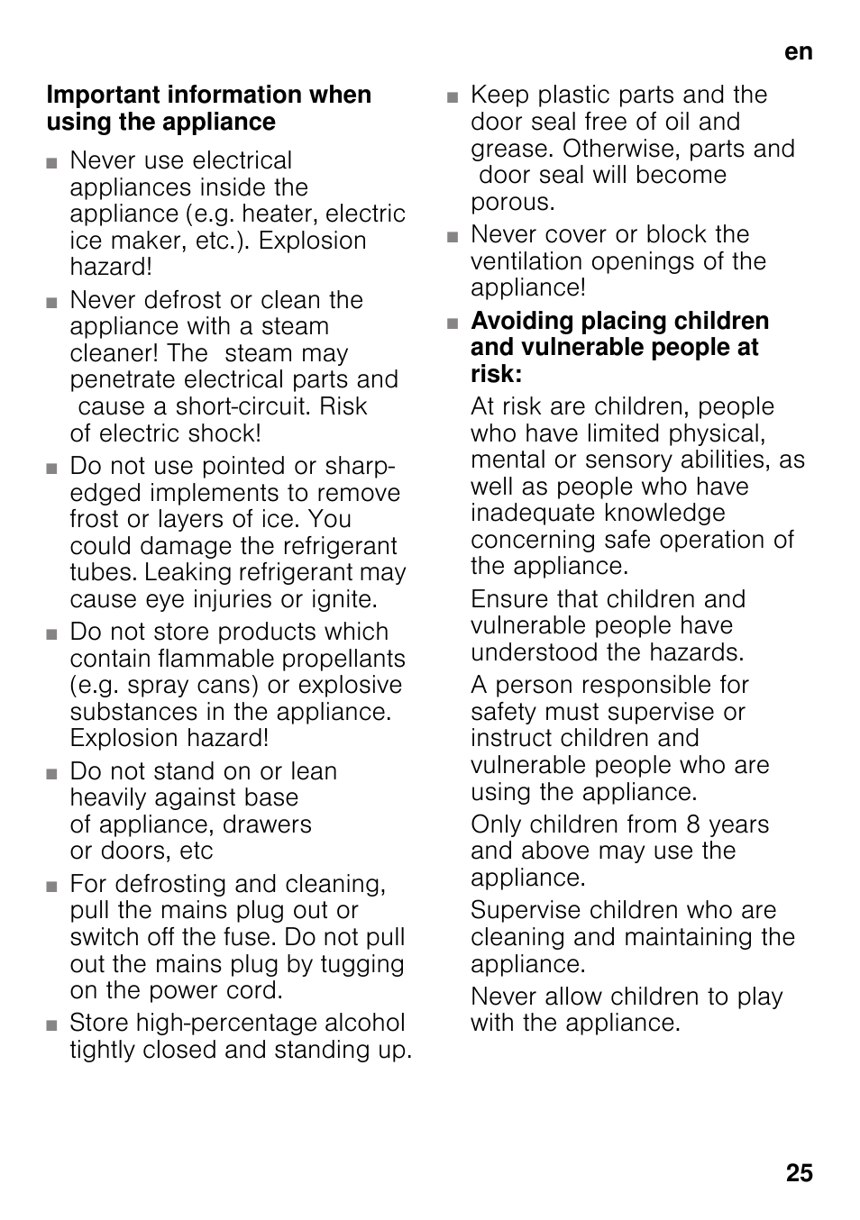 Important information when using the appliance | Siemens KI42FAD30 User Manual | Page 25 / 104