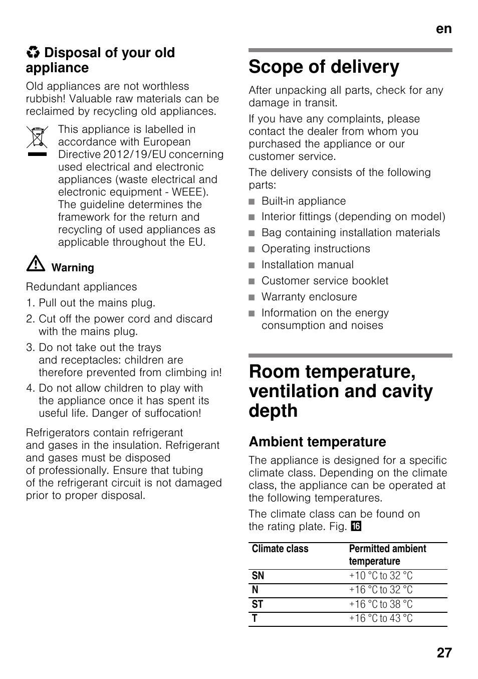 Disposal of your old appliance, Scope of delivery, Room temperature, ventilation and cavity depth | Ambient temperature, Cavity depth, En 27 * disposal of your old appliance | Siemens KI42FAD30 User Manual | Page 27 / 104