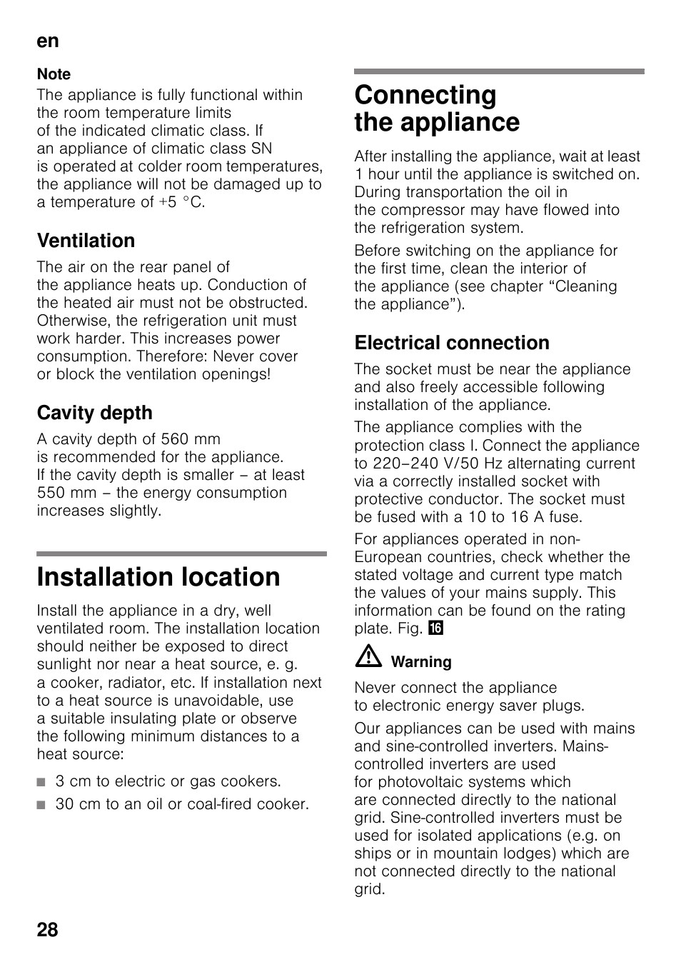 Ventilation, Cavity depth, Installation location | Connecting the appliance, Electrical connection, Installation location connecting the appliance, En 28 | Siemens KI42FAD30 User Manual | Page 28 / 104