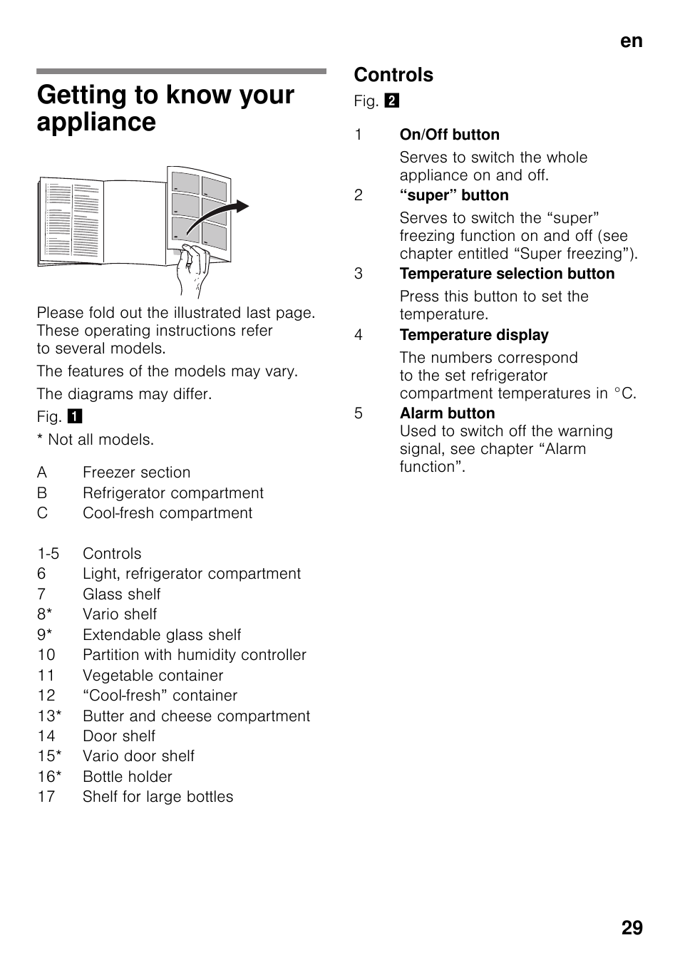 Getting to know your appliance, Controls, En 29 | Siemens KI42FAD30 User Manual | Page 29 / 104