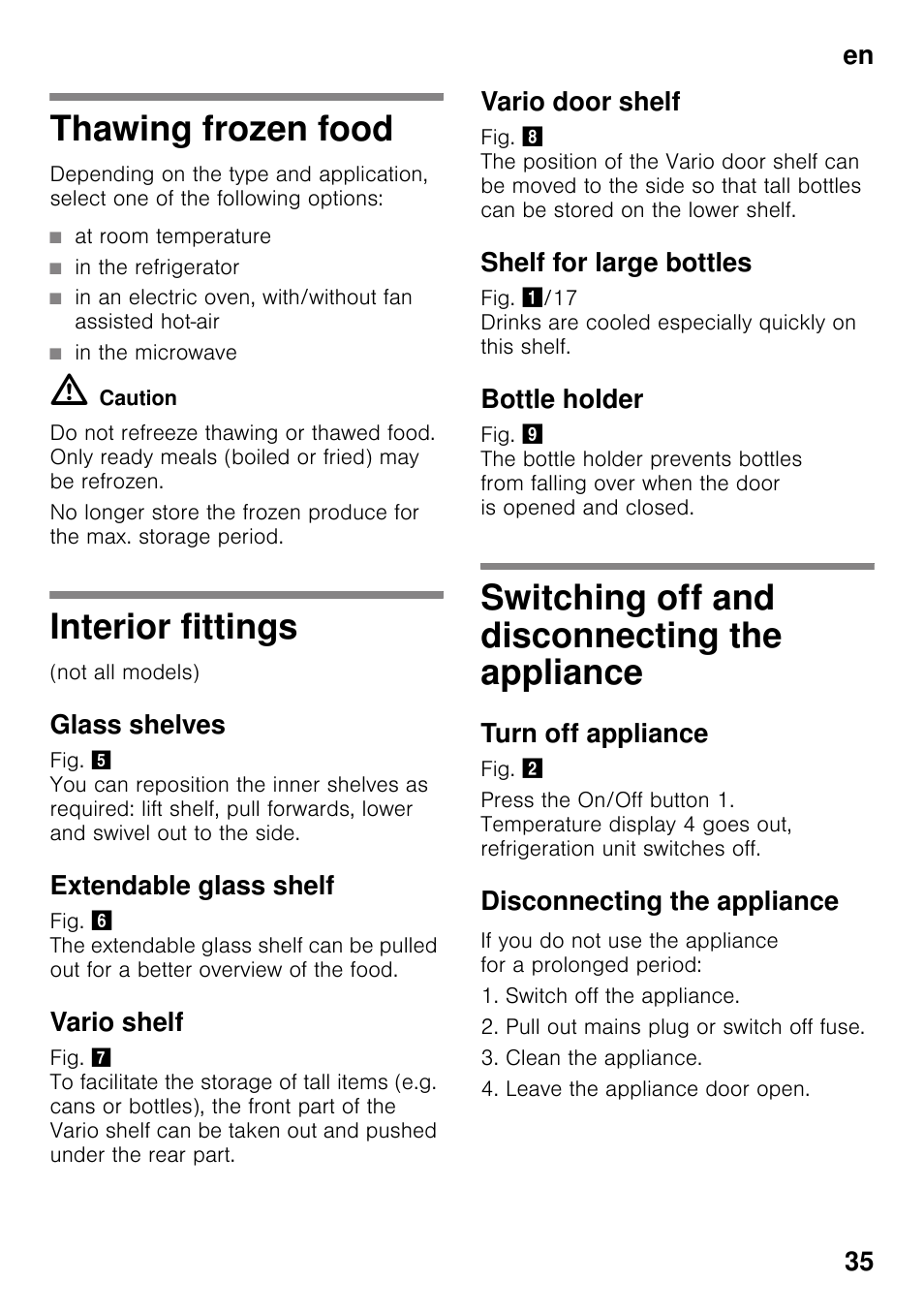 Thawing frozen food, Interior fittings, Glass shelves | Extendable glass shelf, Vario shelf, Vario door shelf, Shelf for large bottles, Bottle holder, Switching off and disconnecting the appliance, Turn off appliance | Siemens KI42FAD30 User Manual | Page 35 / 104