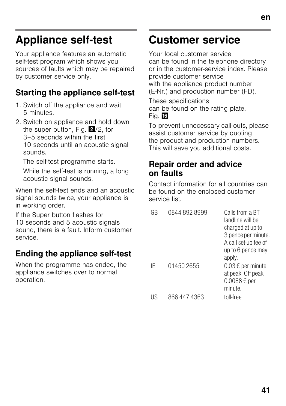 Appliance self-test, Starting the appliance self-test, Ending the appliance self-test | Customer service, Repair order and advice on faults, Appliance self-test customer service, En 41 | Siemens KI42FAD30 User Manual | Page 41 / 104