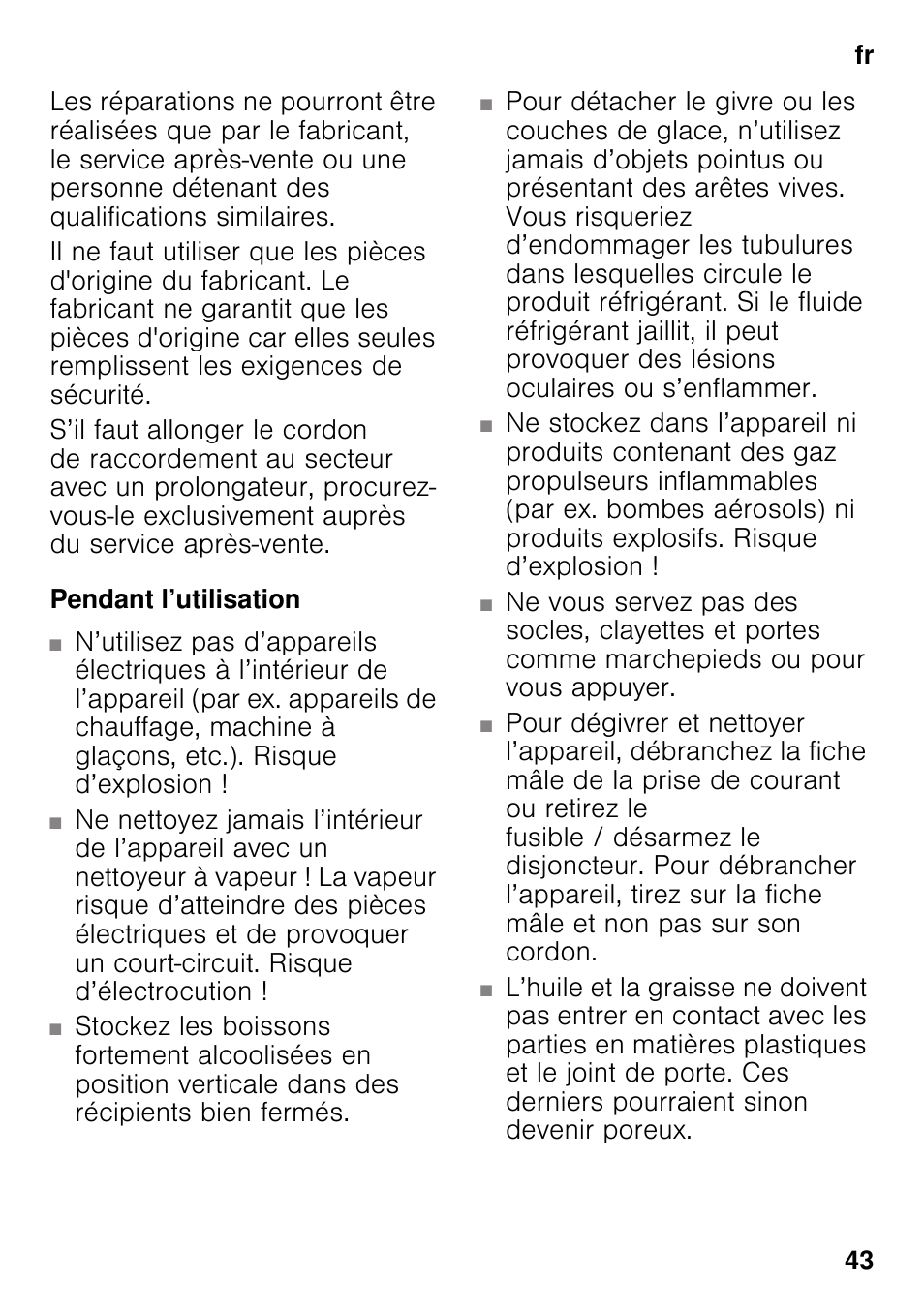 Pendant l’utilisation | Siemens KI42FAD30 User Manual | Page 43 / 104