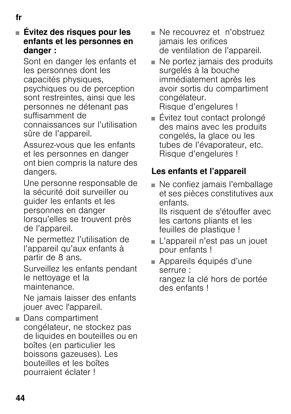Les enfants et l’appareil | Siemens KI42FAD30 User Manual | Page 44 / 104
