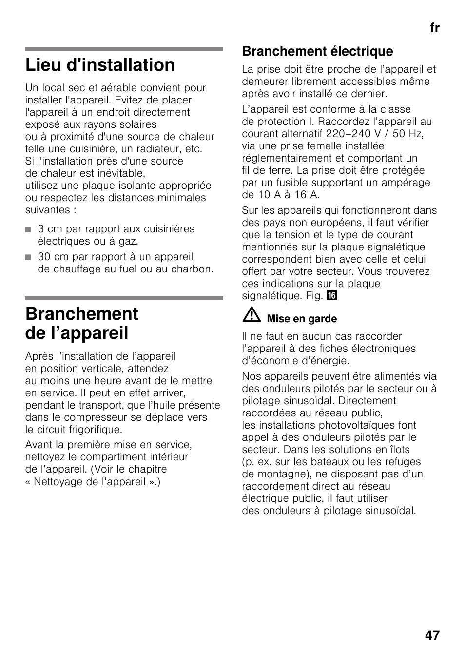 Lieu d'installation, Branchement de l’appareil, Branchement électrique | Lieu d'installation branchement de l’appareil, Fr 47 | Siemens KI42FAD30 User Manual | Page 47 / 104