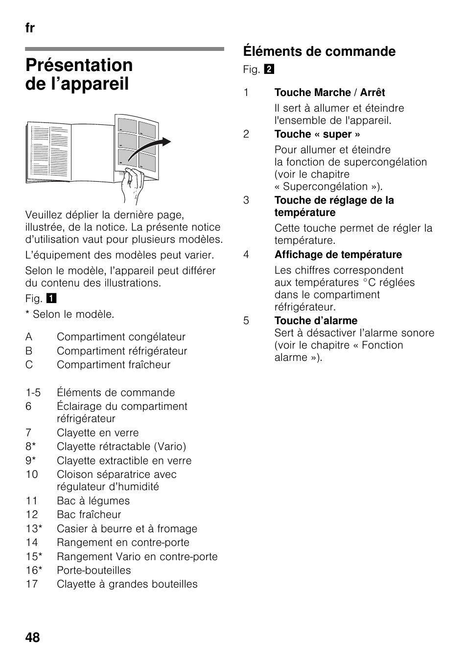 Présentation de l’appareil, Éléments de commande, Fr 48 | Siemens KI42FAD30 User Manual | Page 48 / 104