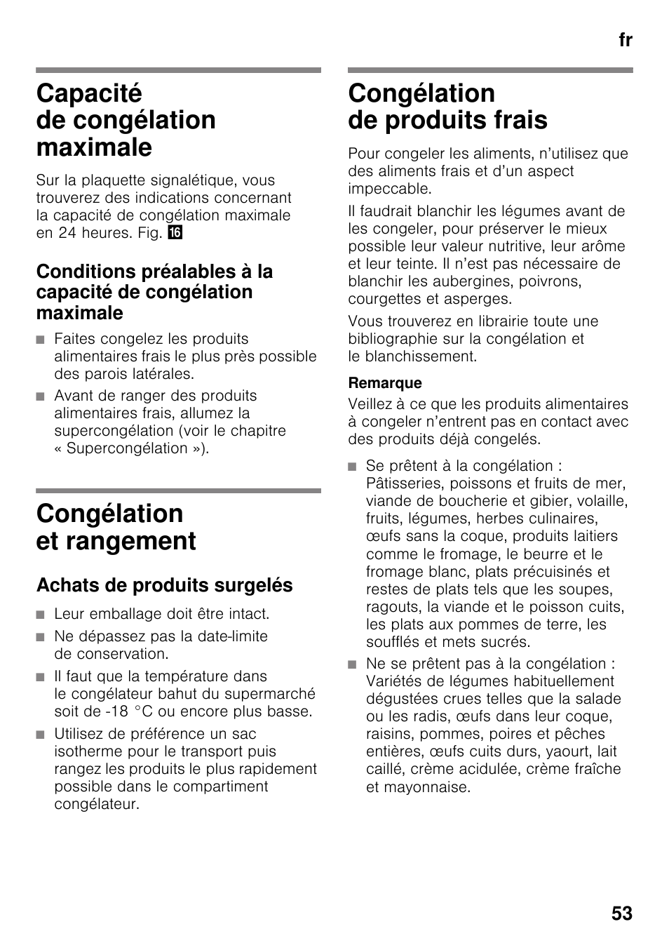 Capacité de congélation maximale, Congélation et rangement, Achats de produits surgelés | Congélation de produits frais, Fr 53 | Siemens KI42FAD30 User Manual | Page 53 / 104