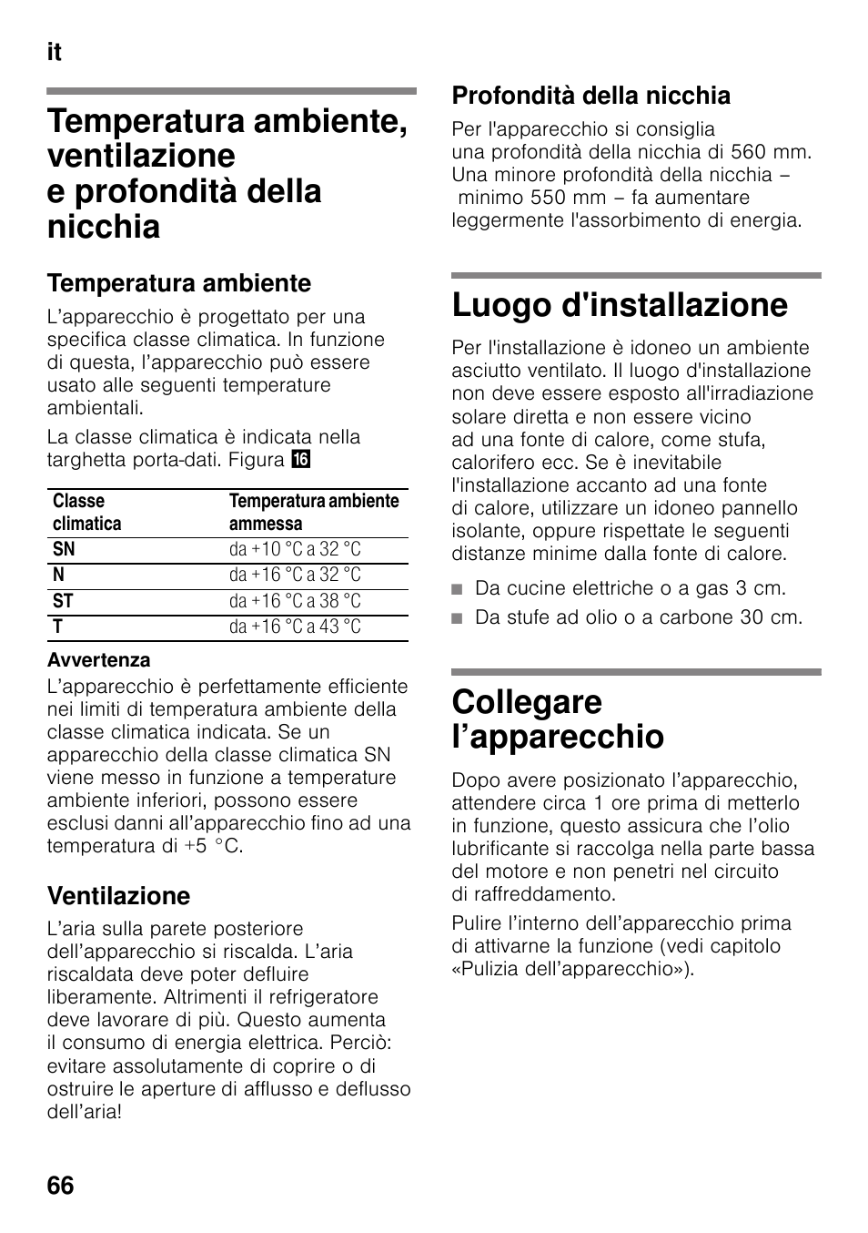 Temperatura ambiente, Ventilazione, Profondità della nicchia | Luogo d'installazione, Collegare l’apparecchio, It 66 | Siemens KI42FAD30 User Manual | Page 66 / 104