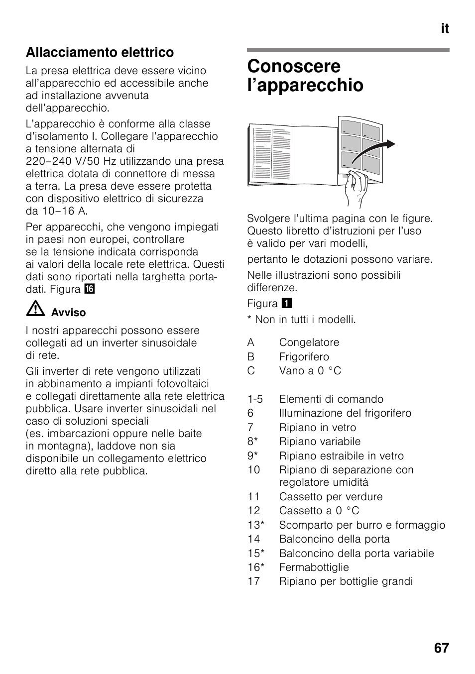 Allacciamento elettrico, Conoscere l’apparecchio, It 67 allacciamento elettrico | Siemens KI42FAD30 User Manual | Page 67 / 104