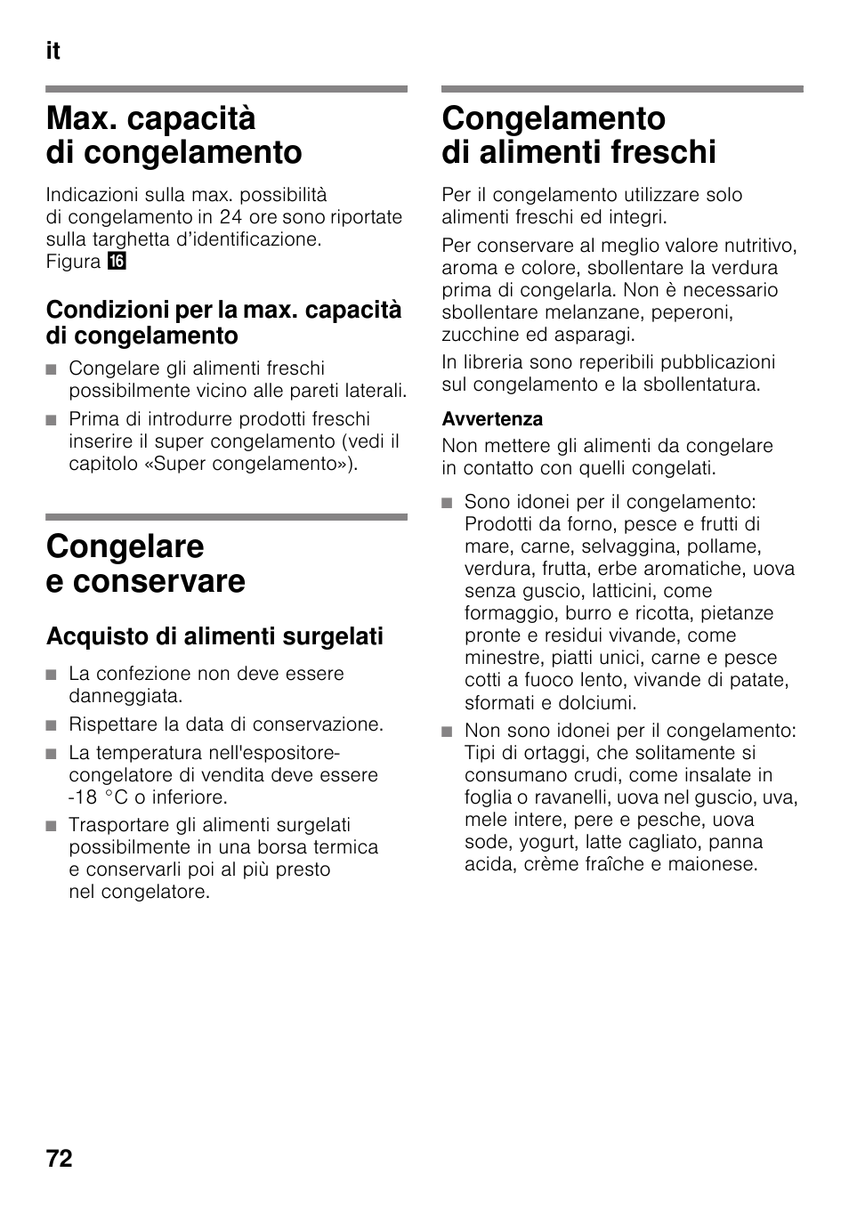 Max. capacità di congelamento, Condizioni per la max. capacità di congelamento, Congelare e conservare | Acquisto di alimenti surgelati, Congelamento di alimenti freschi, It 72 | Siemens KI42FAD30 User Manual | Page 72 / 104