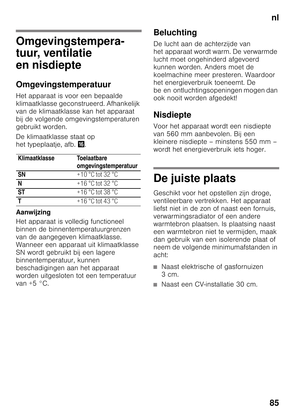 Omgevingstempera- tuur, ventilatie en nisdiepte, Omgevingstemperatuur, Beluchting | Nisdiepte, De juiste plaats, Ventilatie en nisdiepte de juiste plaats, Nl 85 | Siemens KI42FAD30 User Manual | Page 85 / 104