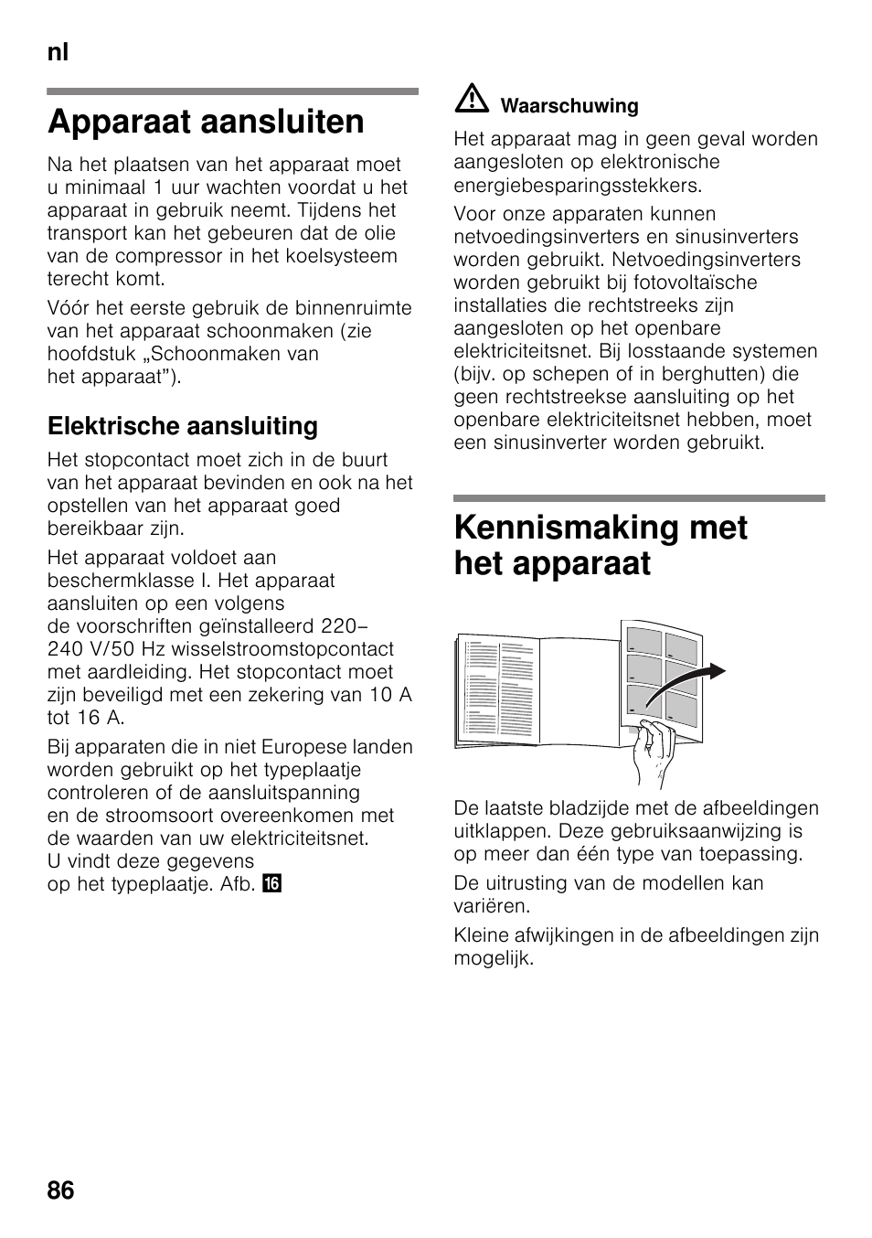 Apparaat aansluiten, Elektrische aansluiting, Kennismaking met het apparaat | Apparaat aansluiten kennismaking met het apparaat, Nl 86 | Siemens KI42FAD30 User Manual | Page 86 / 104