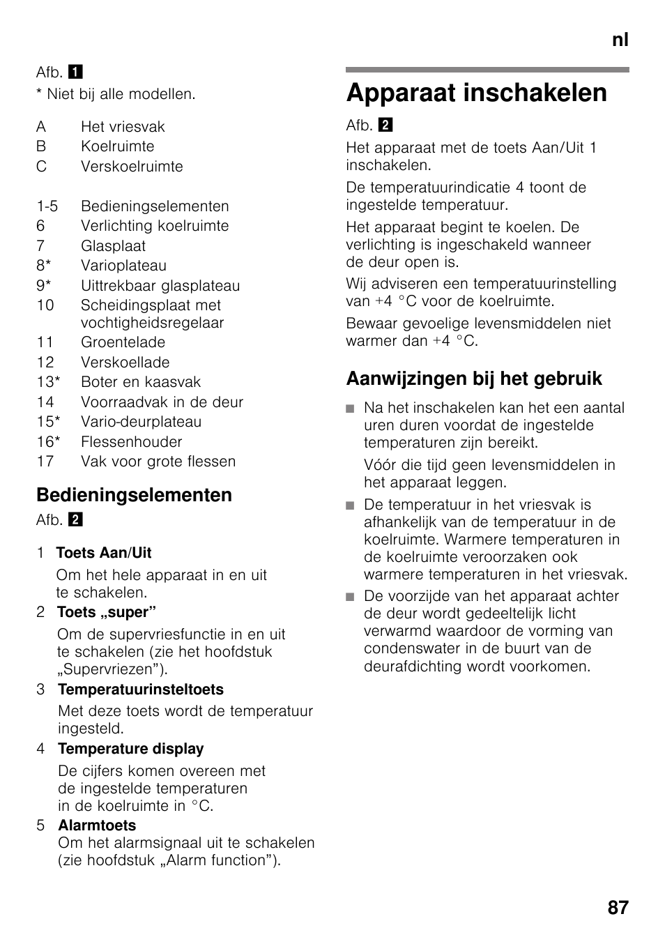 Bedieningselementen, Apparaat inschakelen, Aanwijzingen bij het gebruik | Nl 87 | Siemens KI42FAD30 User Manual | Page 87 / 104