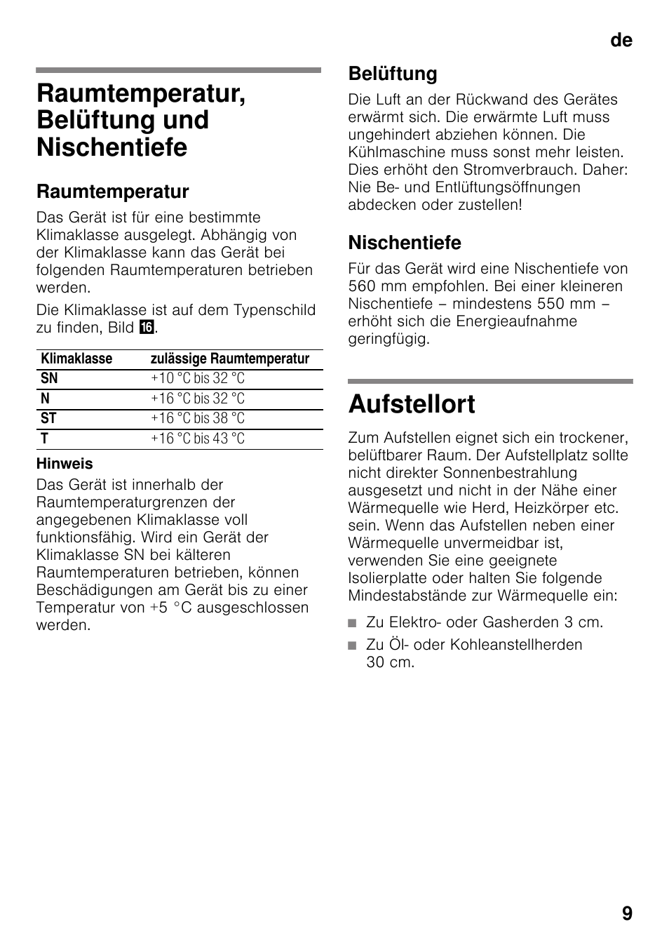 Raumtemperatur, belüftung und nischentiefe, Raumtemperatur, Belüftung | Nischentiefe, Aufstellort, Nischentiefe aufstellort, De 9 | Siemens KI42FAD30 User Manual | Page 9 / 104